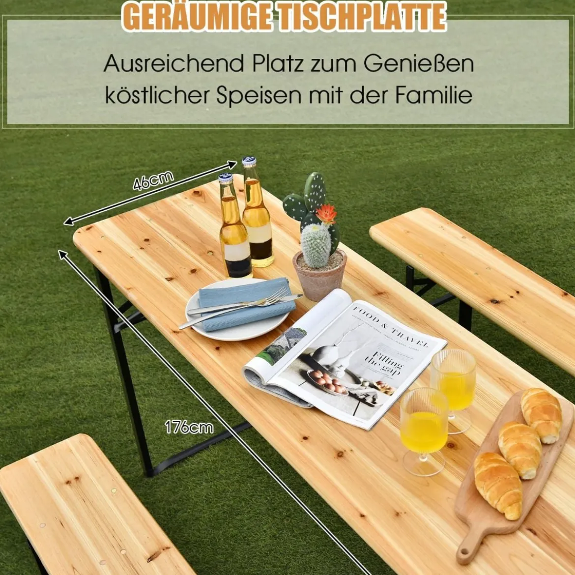 178 cm Langer Biertisch mit Sitzgarnitur 3-Teiliges Klappbares Picknicktisch- und Bank-Set
