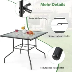 89 cm langer & breiter Terrassentisch mit 38 mm Schirmloch & Tischplatte Schwarz