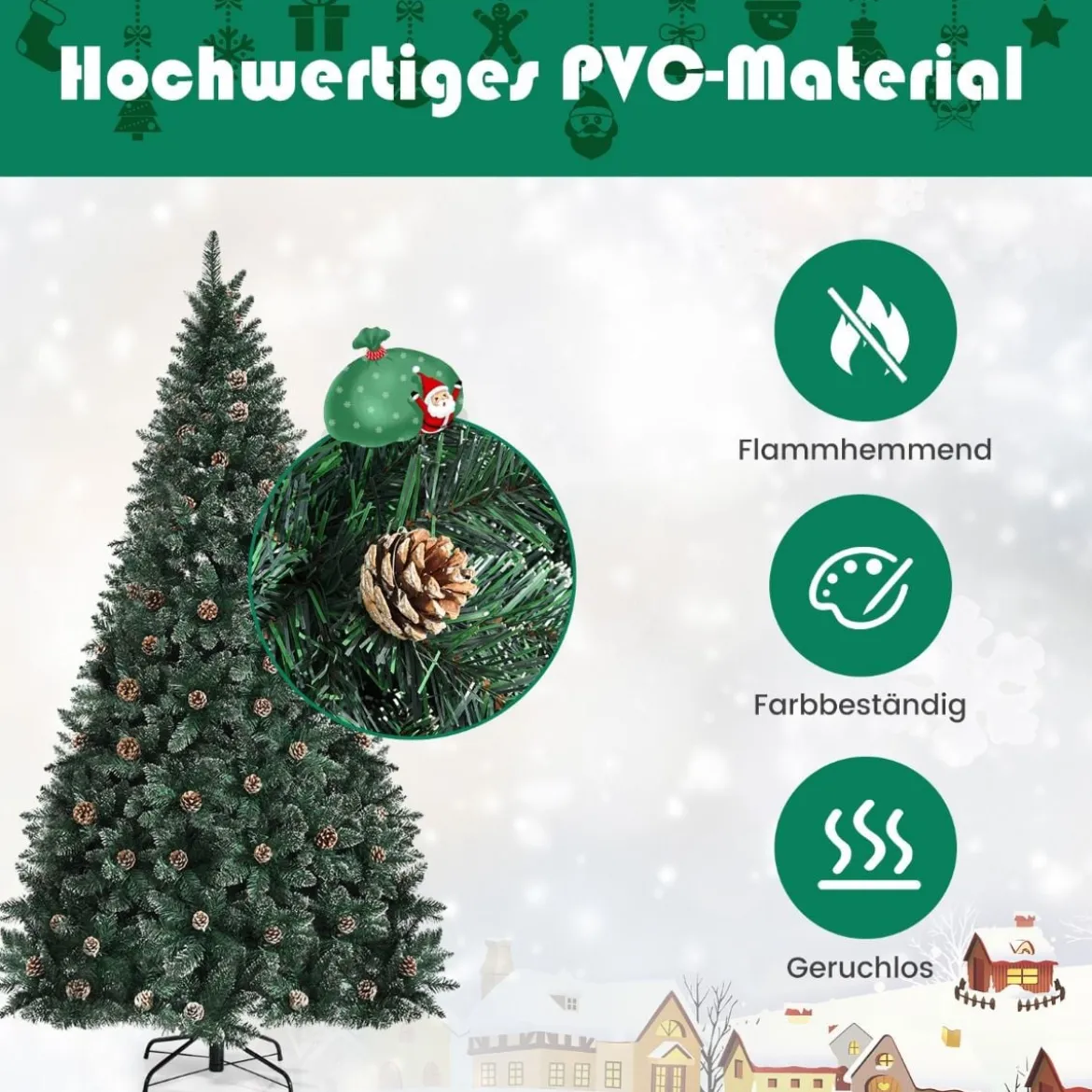 180 cm Langer Künstlicher Weihnachtsbaum Verschneiter Festtagsbaum mit 1000 Zweigspitzen