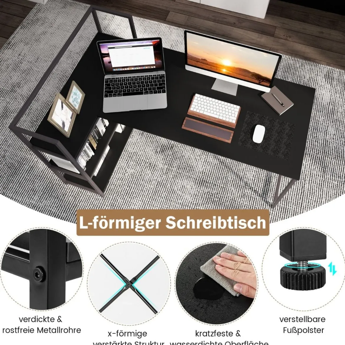 148 cm langer L-förmiger Computertisch mit offenen Ablagen platzsparender Schreibtisch zum moderner Arbeitsplatz Schwarz