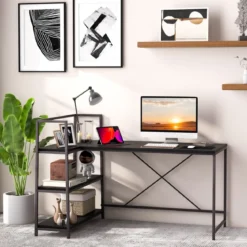 148 cm langer L-förmiger Computertisch mit offenen Ablagen platzsparender Schreibtisch zum moderner Arbeitsplatz Schwarz
