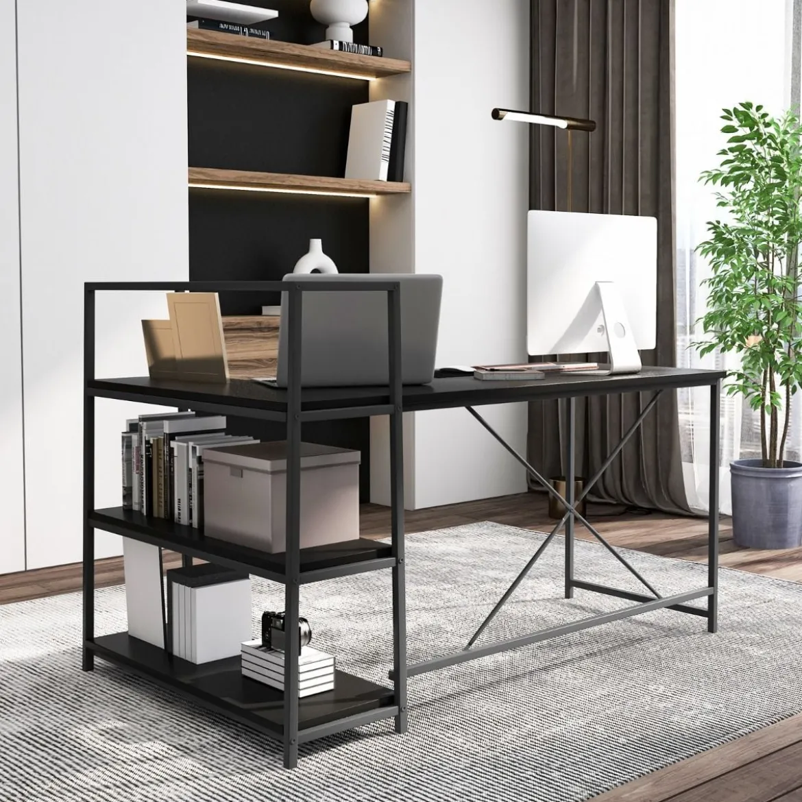 148 cm langer L-förmiger Computertisch mit offenen Ablagen platzsparender Schreibtisch zum moderner Arbeitsplatz Schwarz