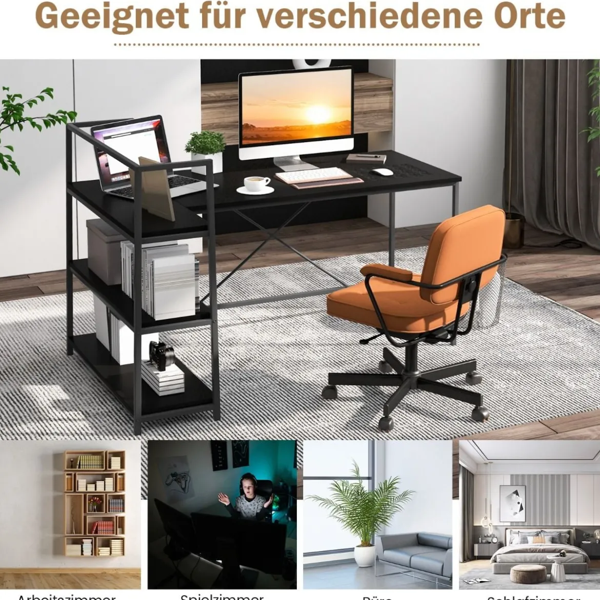 148 cm langer L-förmiger Computertisch mit offenen Ablagen platzsparender Schreibtisch zum moderner Arbeitsplatz Schwarz