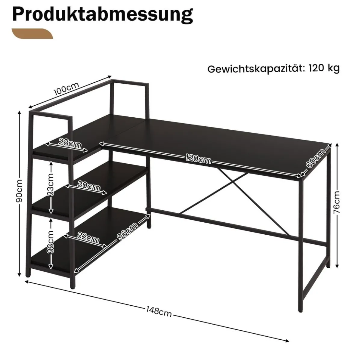 148 cm langer L-förmiger Computertisch mit offenen Ablagen platzsparender Schreibtisch zum moderner Arbeitsplatz Schwarz