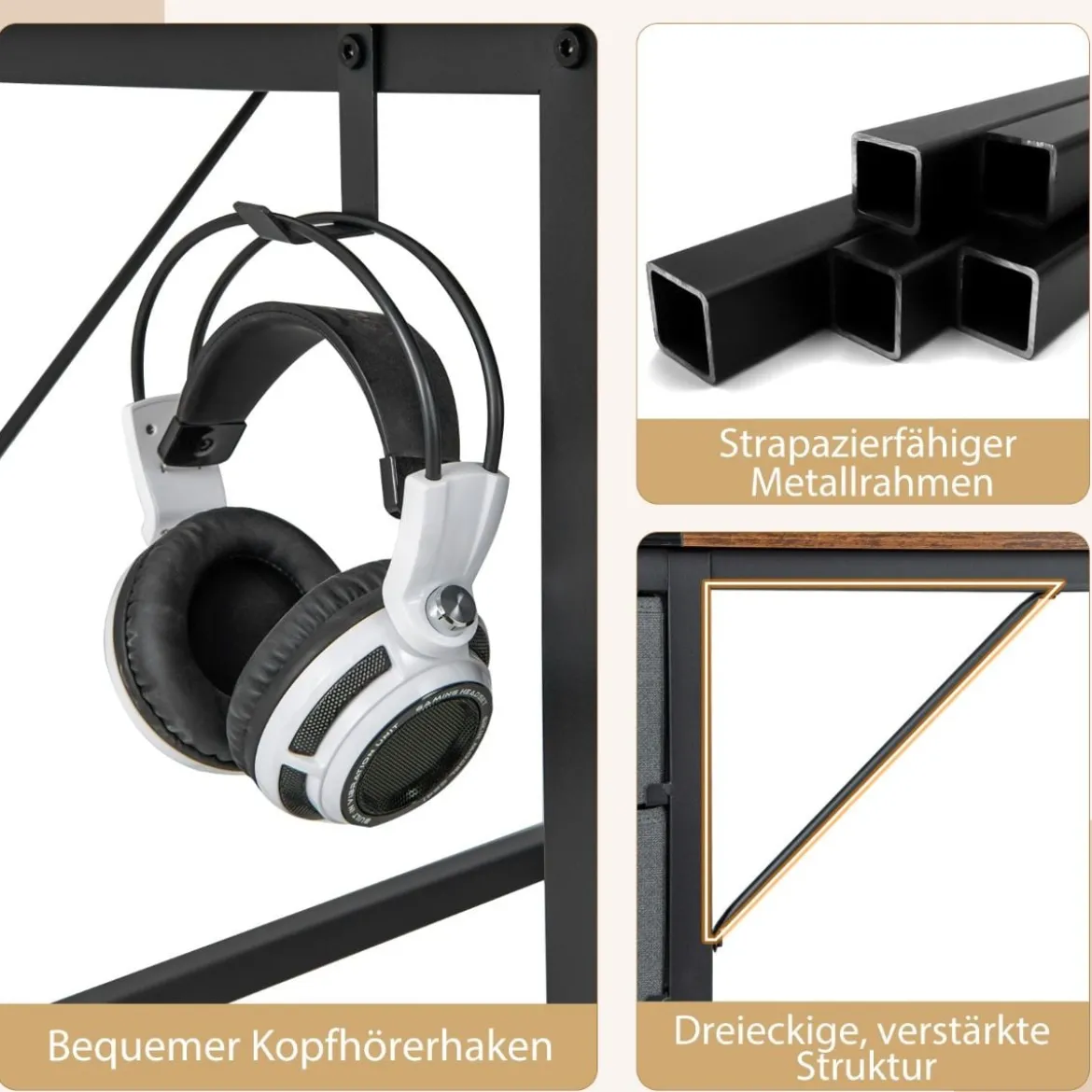 140 cm Langer Schreibtisch mit 2 Schubladen & Kopfhörerhaken & Ablagefach Computertisch