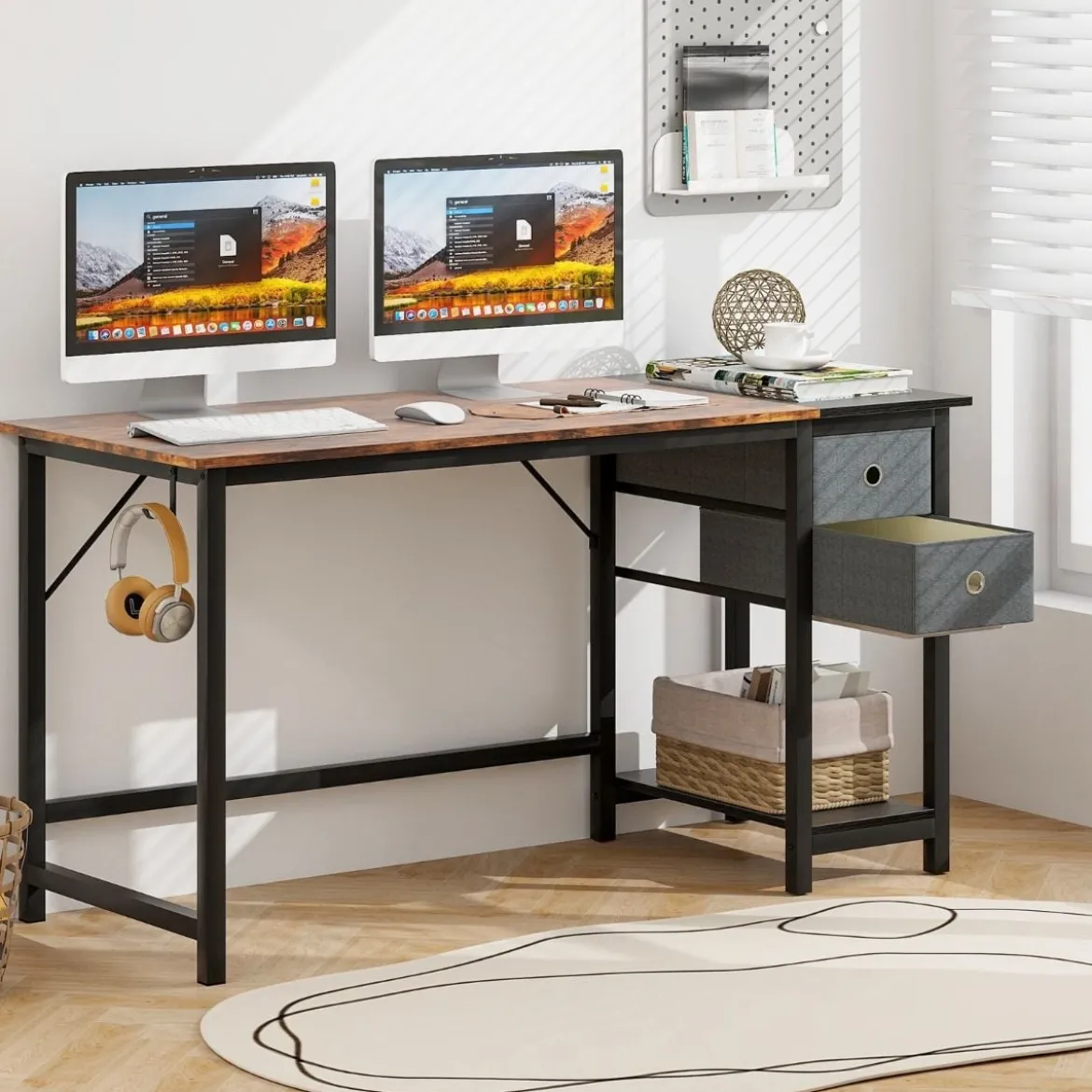 140 cm Langer Schreibtisch mit 2 Schubladen & Kopfhörerhaken & Ablagefach Computertisch