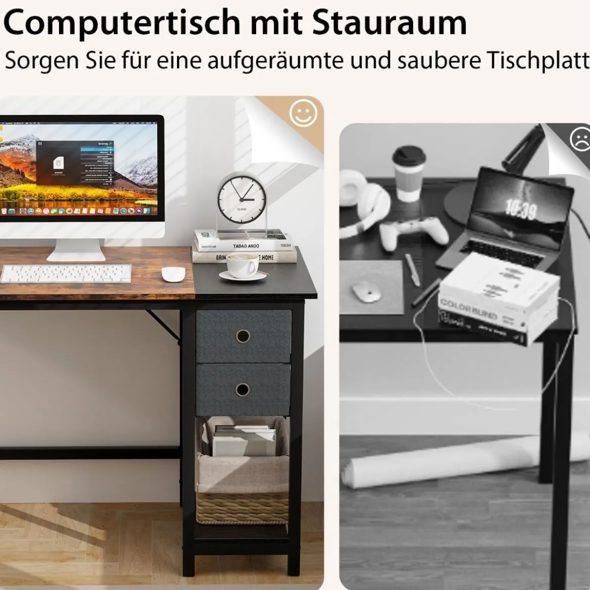 140 cm Langer Schreibtisch mit 2 Schubladen & Kopfhörerhaken & Ablagefach Computertisch