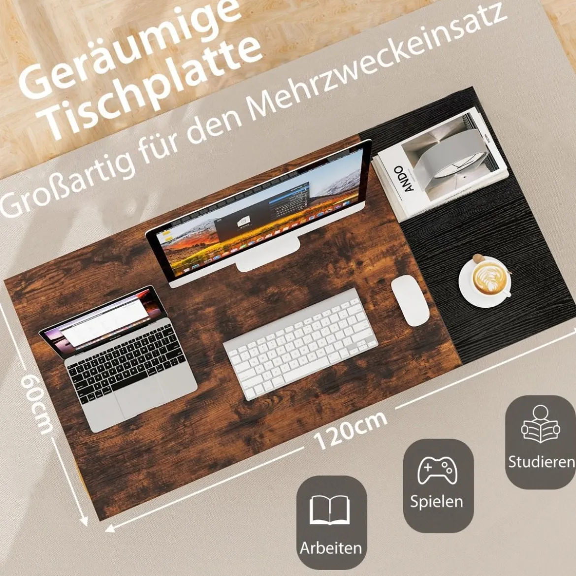120 cm Langer Schreibtisch mit 2 Schubladen & Kopfhörerhaken & Ablagefach Computertisch