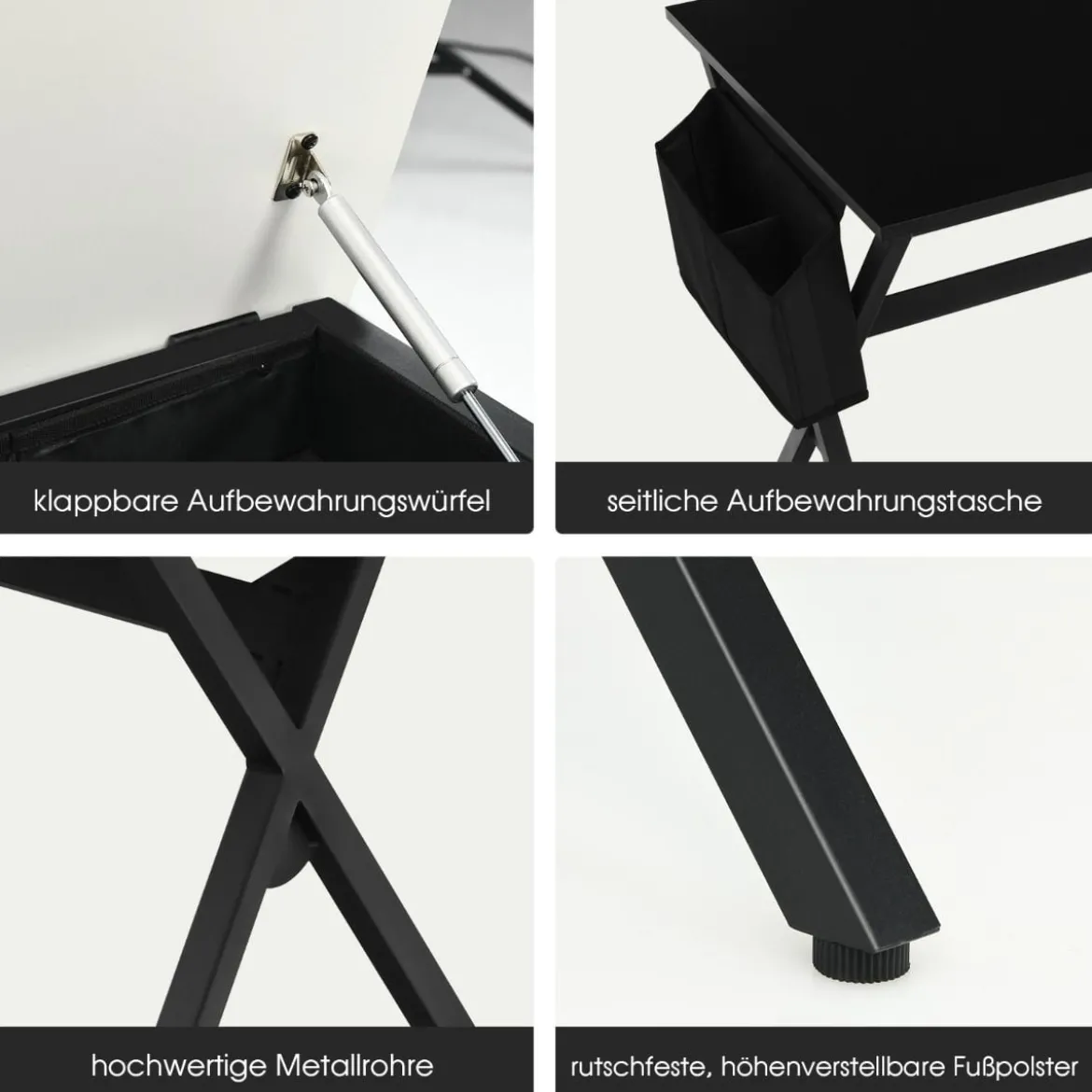 120 cm langer Schreibtisch mit Würfelschublade & Seitentasche Computertisch Schwarz+ Weiß