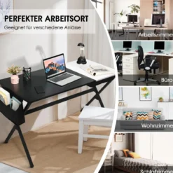 120 cm langer Schreibtisch mit Würfelschublade & Seitentasche Computertisch Schwarz+ Weiß