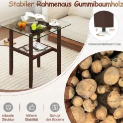 61 cm langer und breiter Beistelltisch aus Glas 2-stöckiger Glastisch mit Ablagefläche Braun
