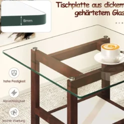 61 cm langer und breiter Beistelltisch aus Glas 2-stöckiger Glastisch mit Ablagefläche Braun