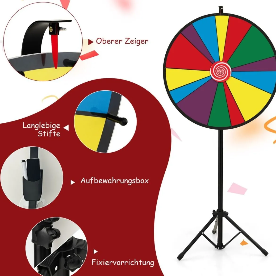 76 cm langes Gewinnspielrad höhenverstellbares Lotterierad mit Ständer beschreibbares Glücksrad