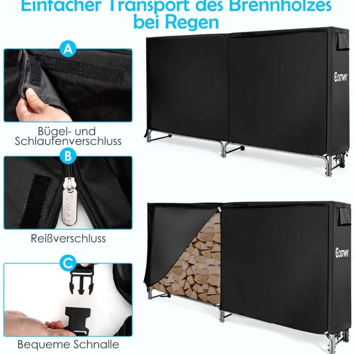 240 cm langes Holzregal zur Aufbewahrung von Brennholz Feuerholzständer aus Eisen Schwarz
