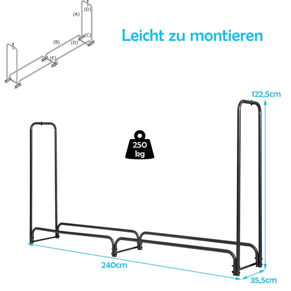 240 cm langes Holzregal zur Aufbewahrung von Brennholz Feuerholzständer aus Eisen Schwarz