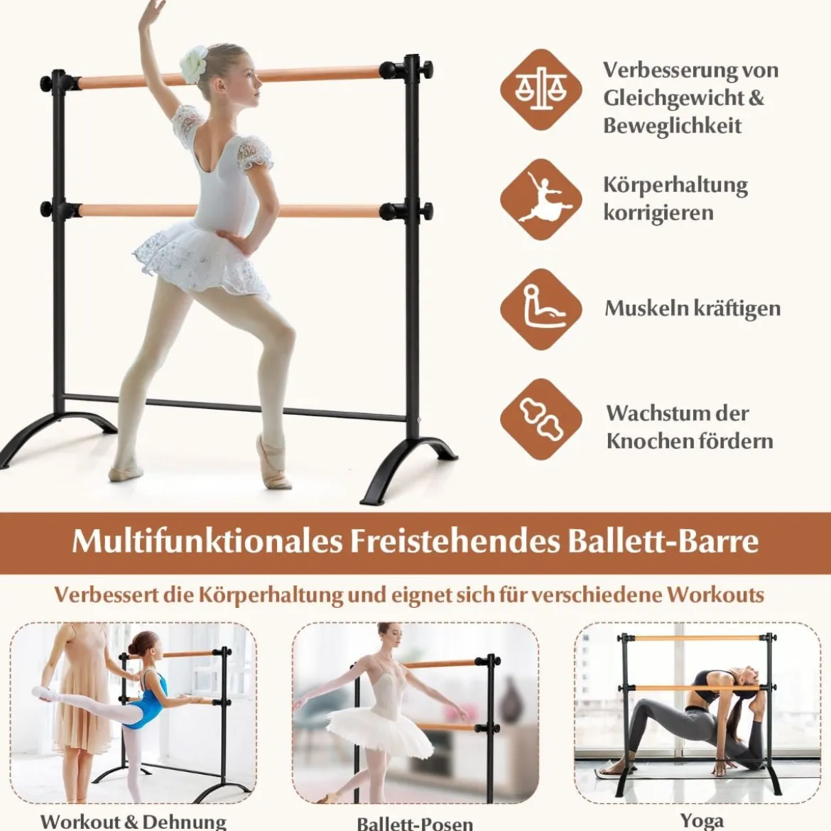 120 cm lange tragbare Ballettausrüstung freistehende Doppel-Ballettstange höhenverstellbare Stange