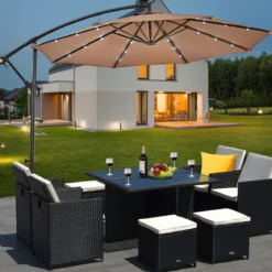 Ø 300cm LED Ampelschirm Sonnenschirm mit Solarlichtern Terrassenschirm für Garten Braun