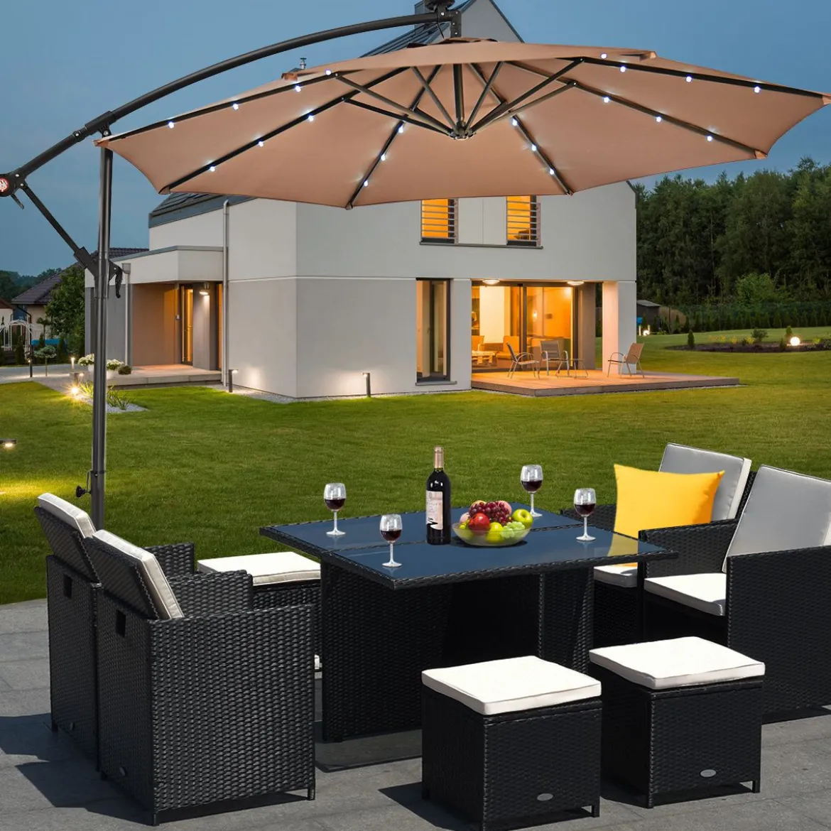 Ø 300cm LED Ampelschirm Sonnenschirm mit Solarlichtern Terrassenschirm für Garten Braun