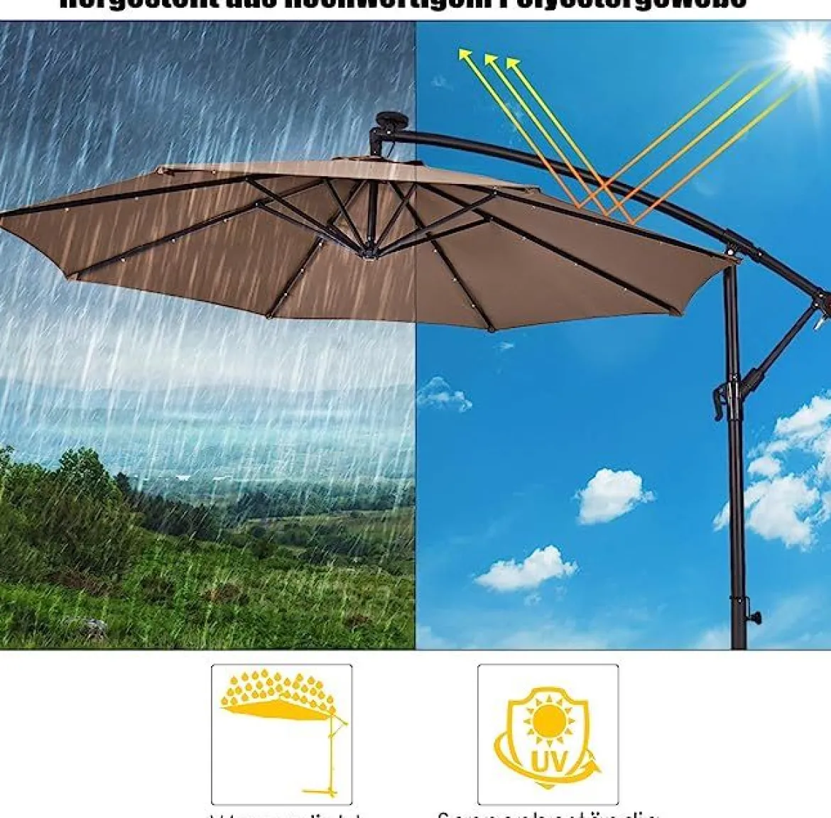 Ø 300cm LED Ampelschirm Sonnenschirm mit Solarlichtern Terrassenschirm für Garten Braun