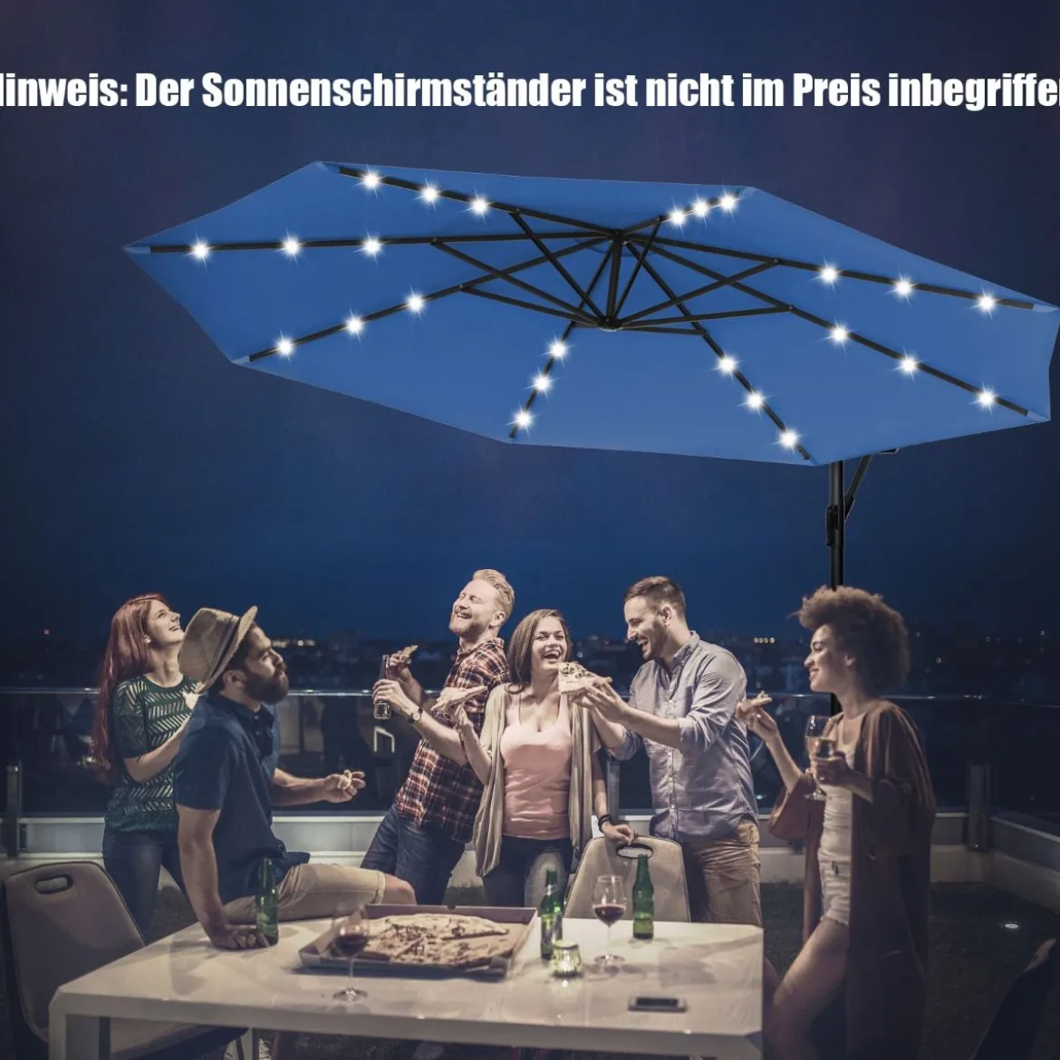 Ø 300cm LED Ampelschirm Sonnenschirm mit Solarlichtern Terrassenschirm für Garten Blau