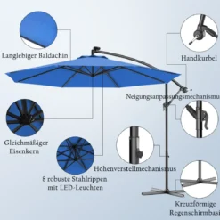 Ø 300cm LED Ampelschirm Sonnenschirm mit Solarlichtern Terrassenschirm für Garten Blau