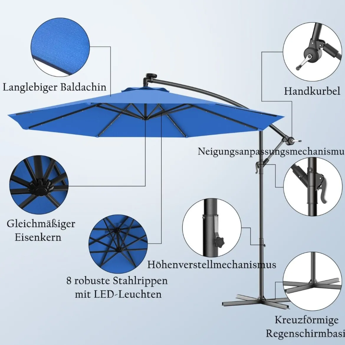 Ø 300cm LED Ampelschirm Sonnenschirm mit Solarlichtern Terrassenschirm für Garten Blau