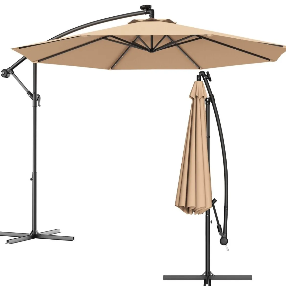 Ø 300cm LED Ampelschirm Strandschirm mit Solarlichtern Terrassenschirm für Garten Beige