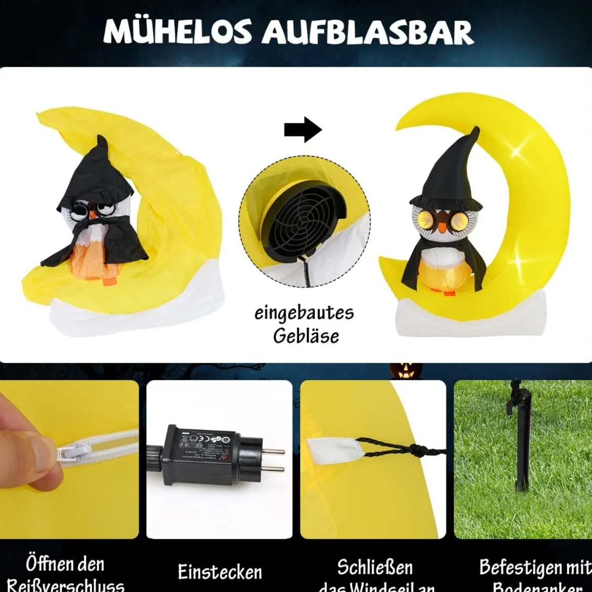 155CM LED Aufblasbarer Eulen auf dem Mond Stehend Schreckliche Halloween Dekoration