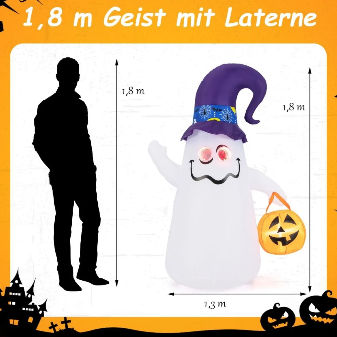 180CM LED Aufblasbarer Halloween-Geist mit Kürbis Outdoor Schreckliche Dekogeist Halloween Deko