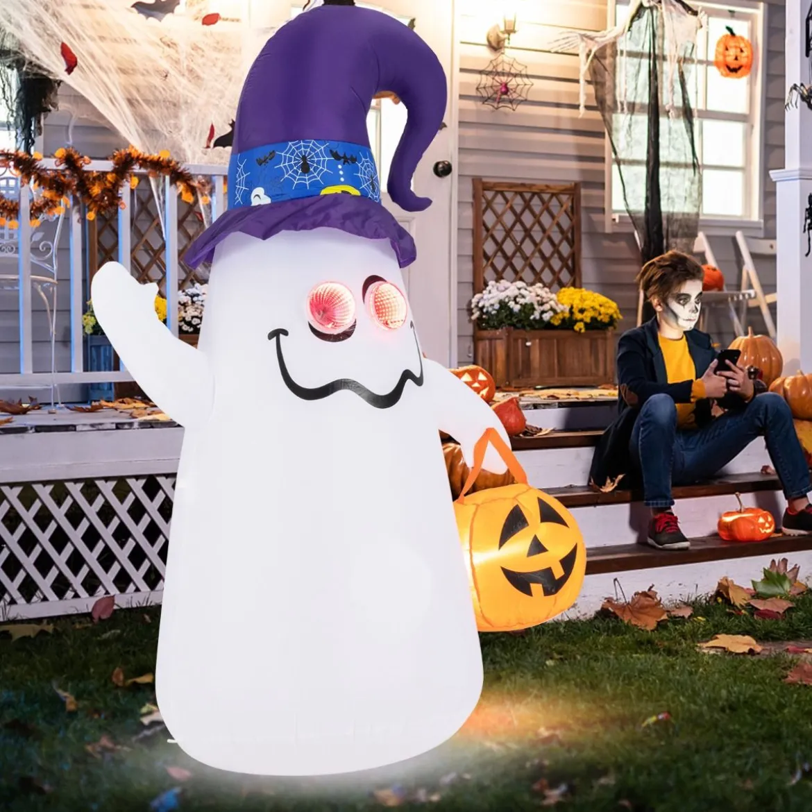 180CM LED Aufblasbarer Halloween-Geist mit Kürbis Outdoor Schreckliche Dekogeist Halloween Deko