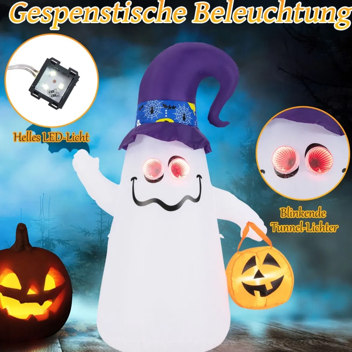 180CM LED Aufblasbarer Halloween-Geist mit Kürbis Outdoor Schreckliche Dekogeist Halloween Deko