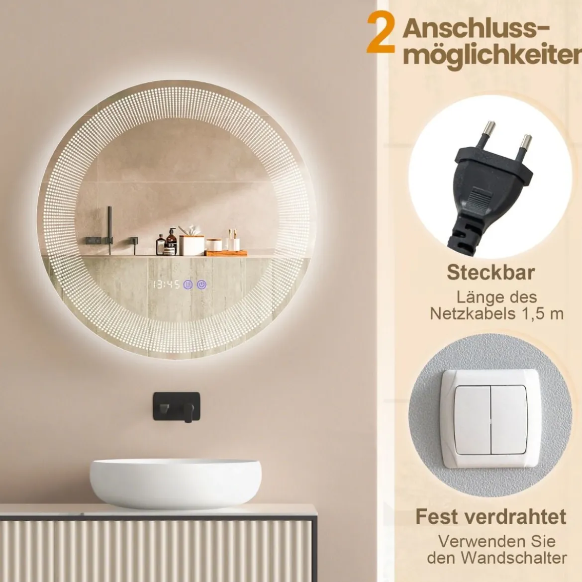 Ø 60 cm LED-Badezimmerspiegel mit 3-farbigen Lichtern & Touch-Schalter Kosmetikspiegel
