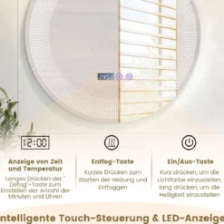 Ø 60 cm LED-Badezimmerspiegel mit 3-farbigen Lichtern & Touch-Schalter Kosmetikspiegel