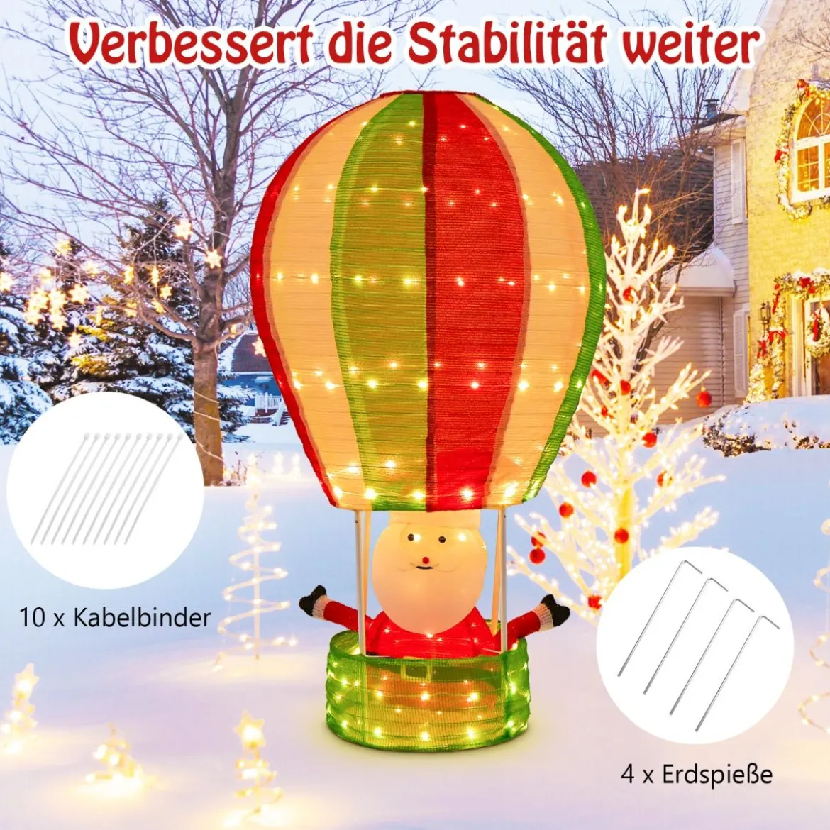 135 cm LED Heißluftballon Weihnachtsdeko mit Weihnachtsmann Weihnachtsballon