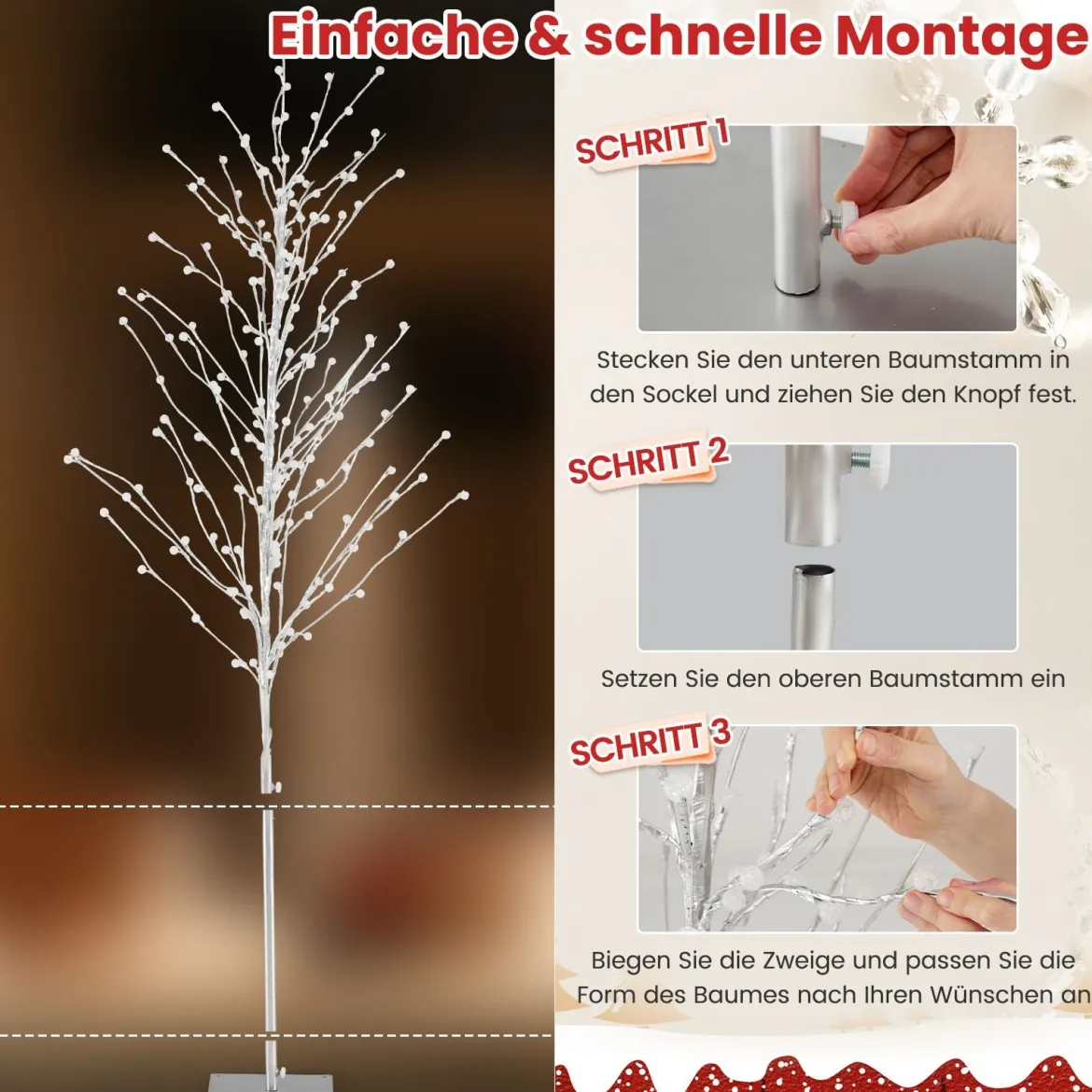 186 cm LED Lichterbaum Birkenbaum mit warmweißen LED-Leuchten künstlicher Weihnachtsbaum