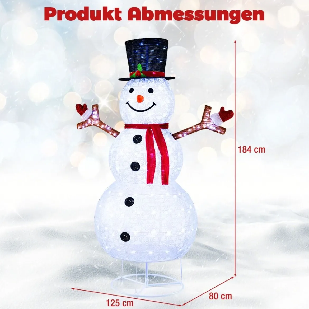 184 cm LED Schneemann beleuchtet Weihnachtsfigur mit schwarzem Hut & Schal