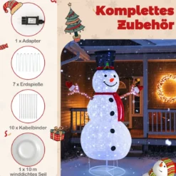 184 cm LED Schneemann beleuchtet Weihnachtsfigur mit schwarzem Hut & Schal
