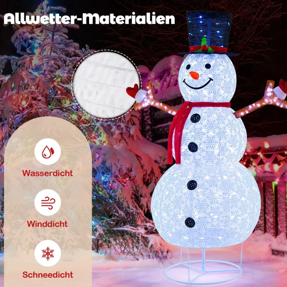 184 cm LED Schneemann beleuchtet Weihnachtsfigur mit schwarzem Hut & Schal
