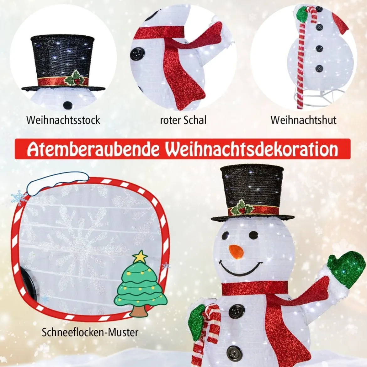 150 cm LED Schneemann Weihnachtsdeko mit LED-Lichtern & Erdspießen Witterungsbeständig