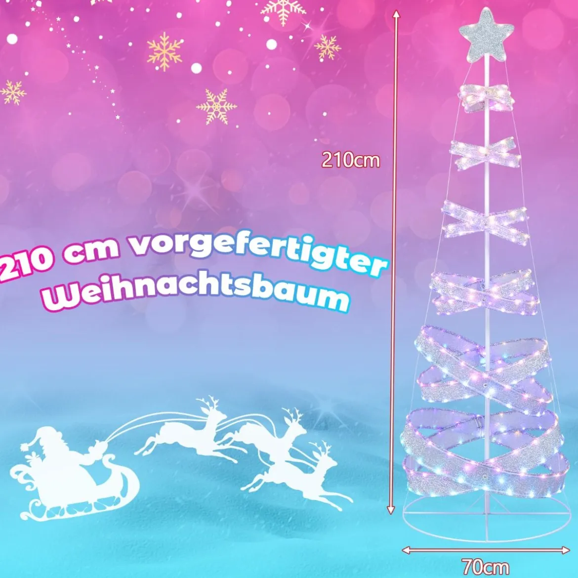 210 cm LED Spiral Weihnachtsbaum aus Polyester Metall mit 341 LEDs & 34 Lichtmodi & Stern