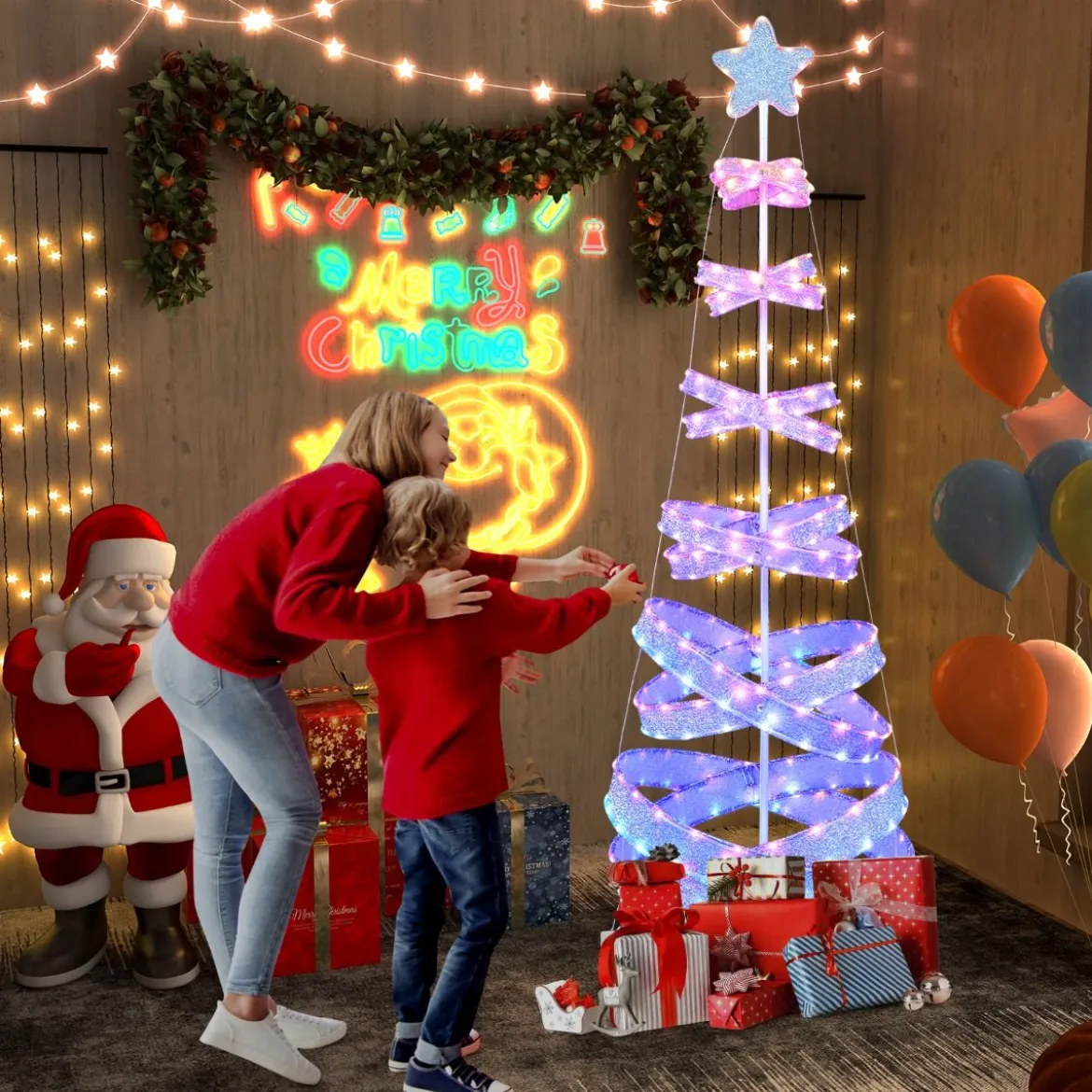 210 cm LED Spiral Weihnachtsbaum aus Polyester Metall mit 341 LEDs & 34 Lichtmodi & Stern