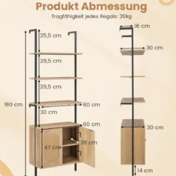 180cm Leiterregal mit Rattanschrank & 3 Ablagen & Metallrahmen Bücherregal Wandregal Standregal