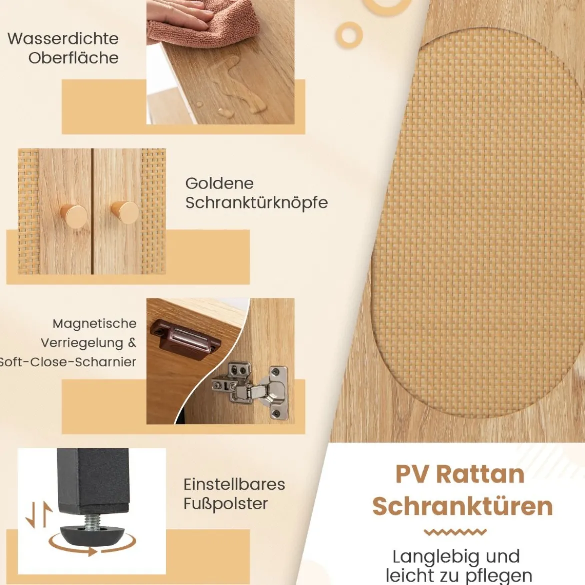180cm Leiterregal mit Rattanschrank & 3 Ablagen & Metallrahmen Bücherregal Wandregal Standregal