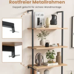 180cm Leiterregal mit Rattanschrank & 3 Ablagen & Metallrahmen Bücherregal Wandregal Standregal