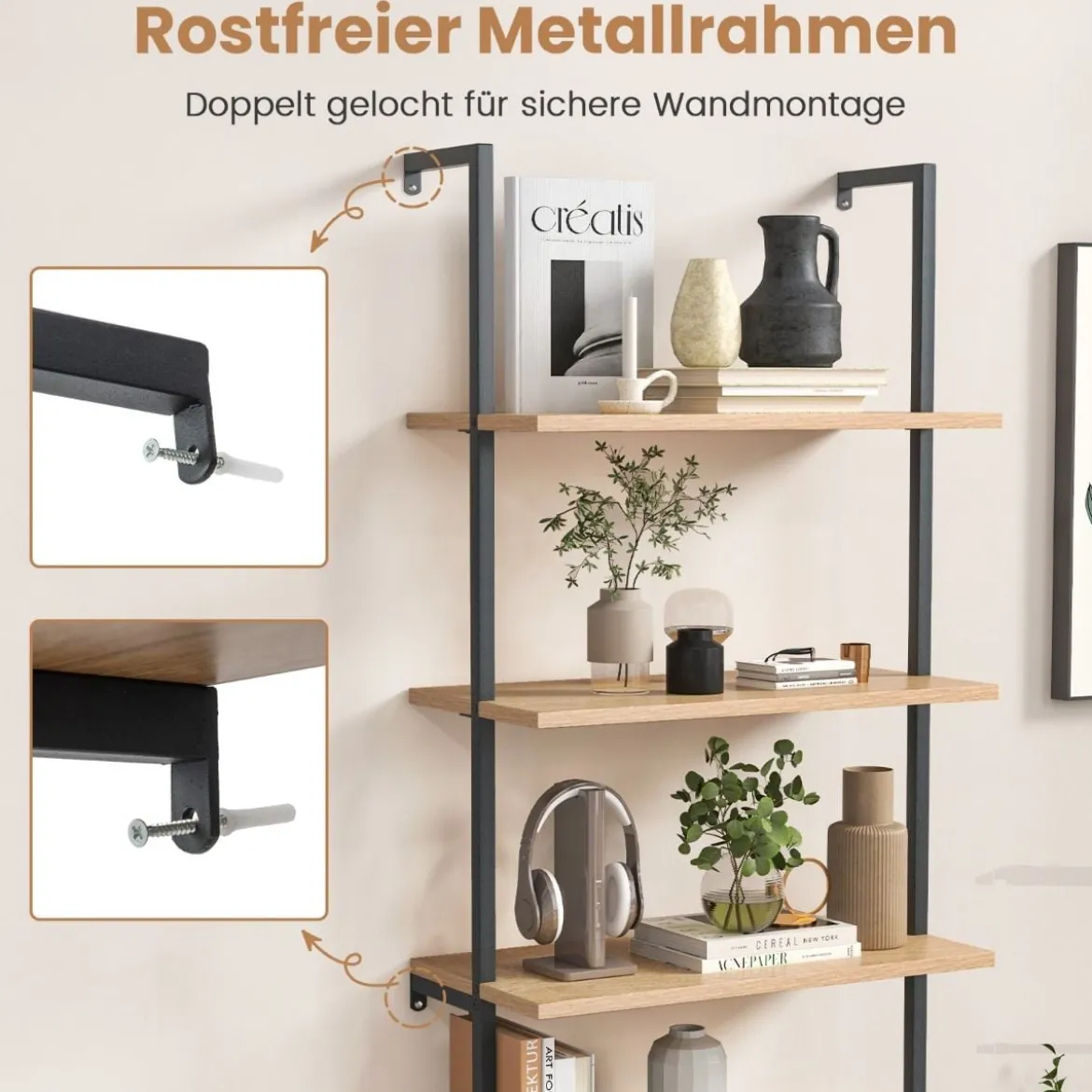 180cm Leiterregal mit Rattanschrank & 3 Ablagen & Metallrahmen Bücherregal Wandregal Standregal