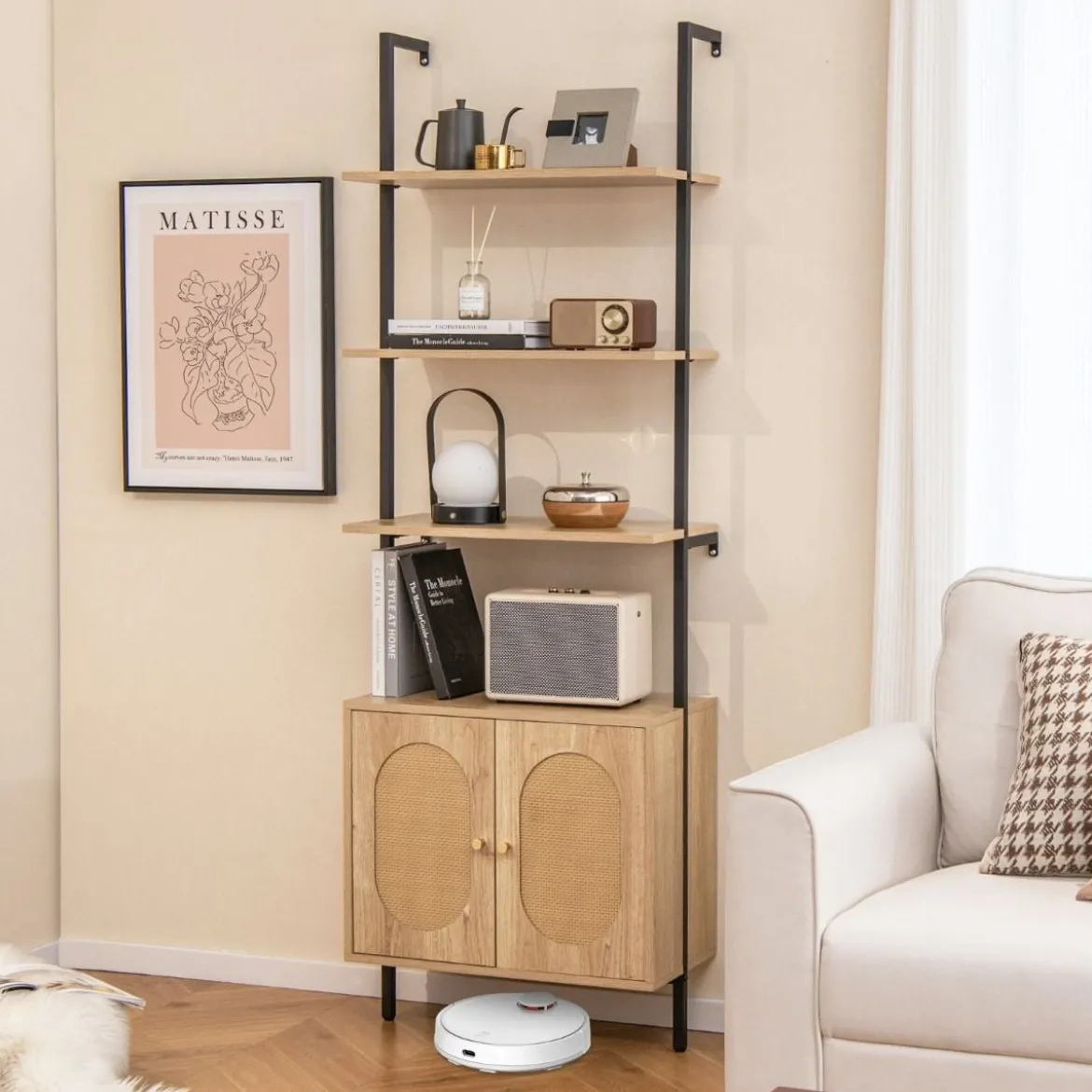 180cm Leiterregal mit Rattanschrank & 3 Ablagen & Metallrahmen Bücherregal Wandregal Standregal