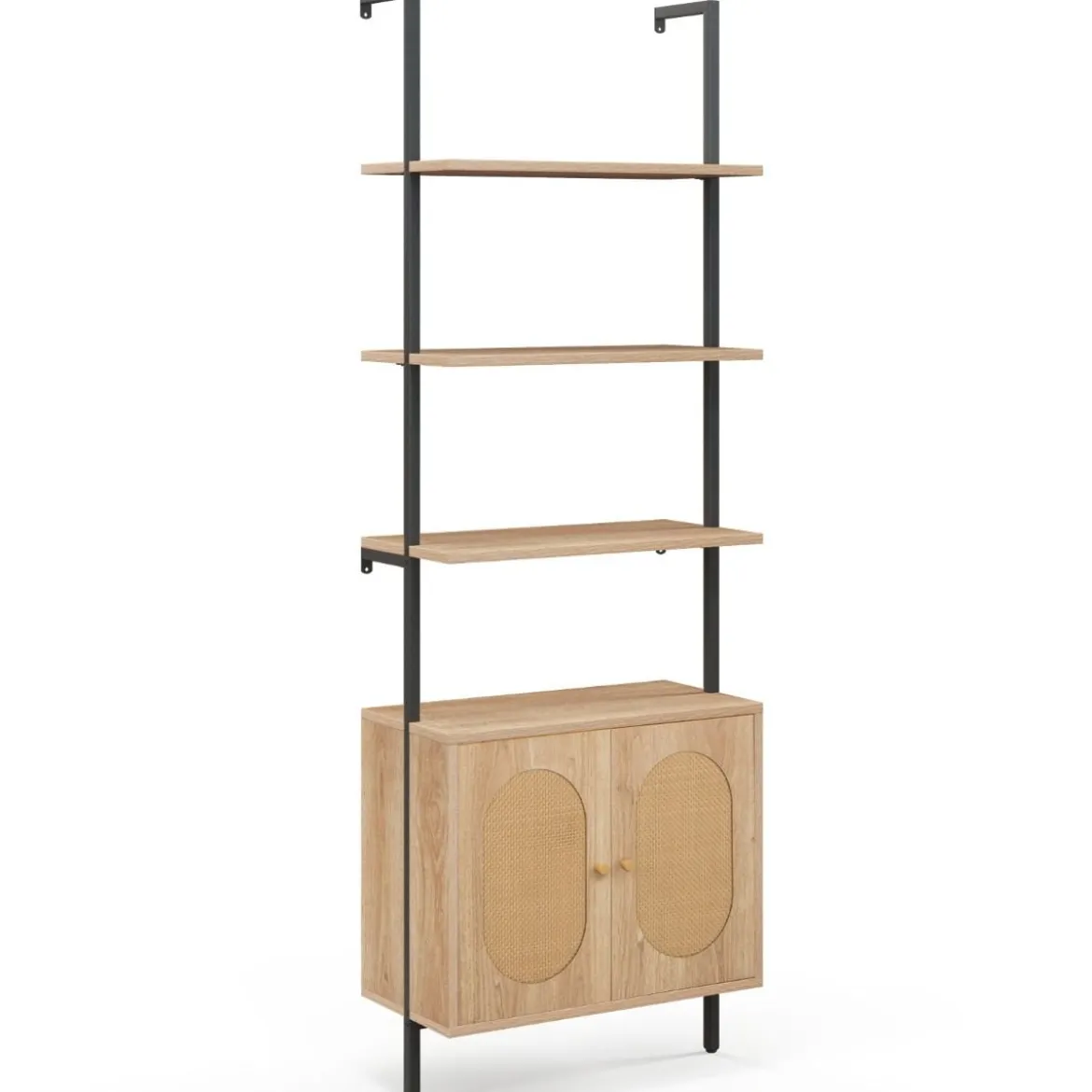 180cm Leiterregal mit Rattanschrank & 3 Ablagen & Metallrahmen Bücherregal Wandregal Standregal