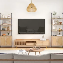 180cm Leiterregal mit Rattanschrank & 3 Ablagen & Metallrahmen Bücherregal Wandregal Standregal