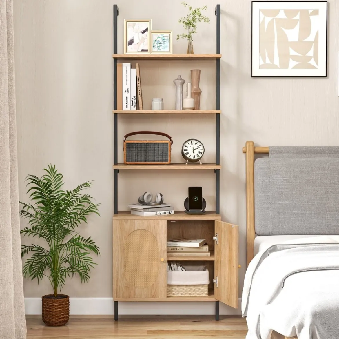 180cm Leiterregal mit Rattanschrank & 3 Ablagen & Metallrahmen Bücherregal Wandregal Standregal