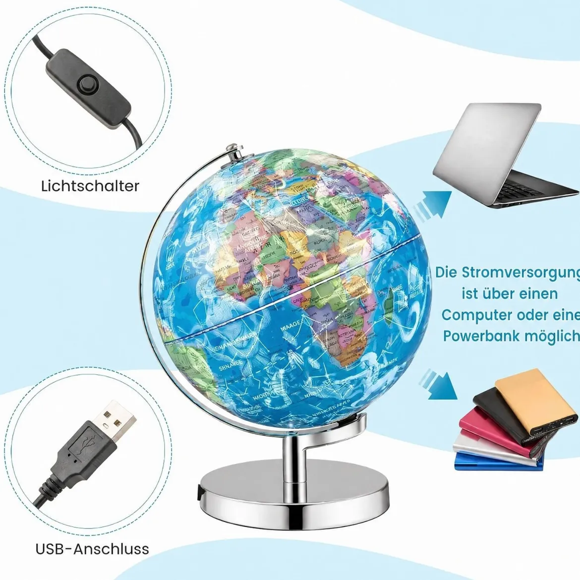 Ø 23 cm Leuchtglobus mit Metallsockel & Licht & Deutsche Geografische Karte & Sternbildkarte